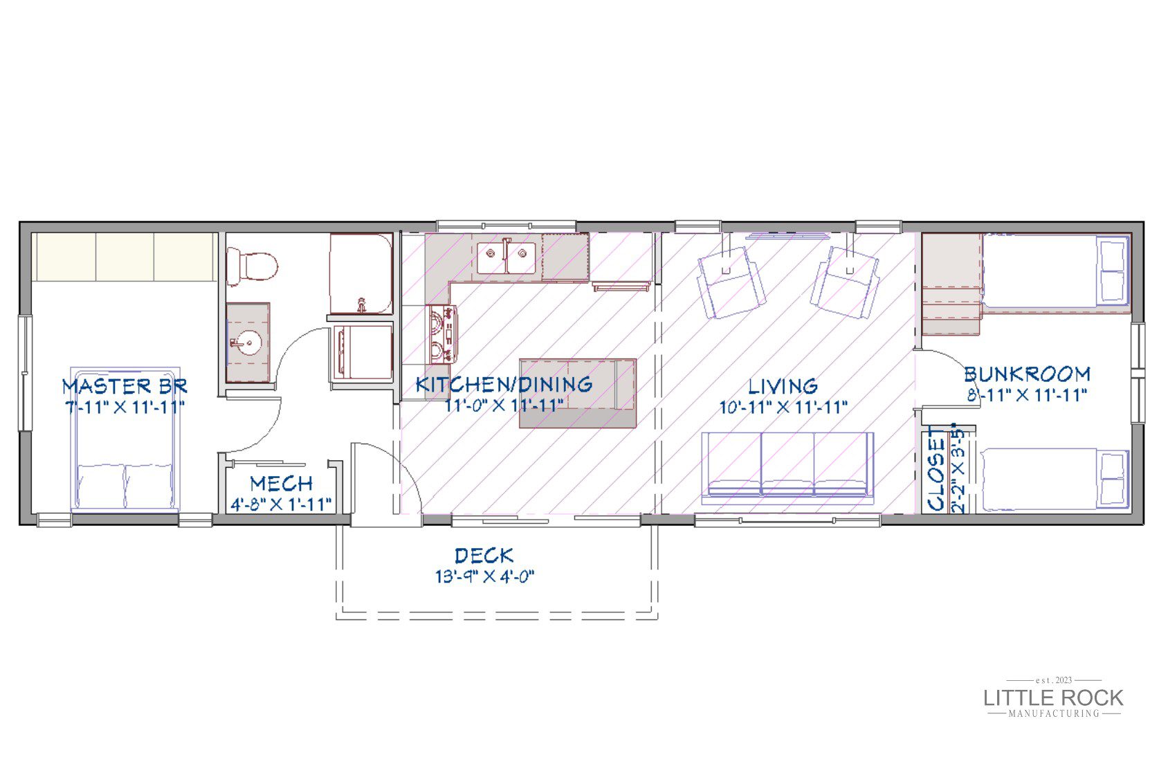 The Dixon is a family-focused 2-bedroom, 1-bathroom park model built by Little Rock Manufacturing in Canada